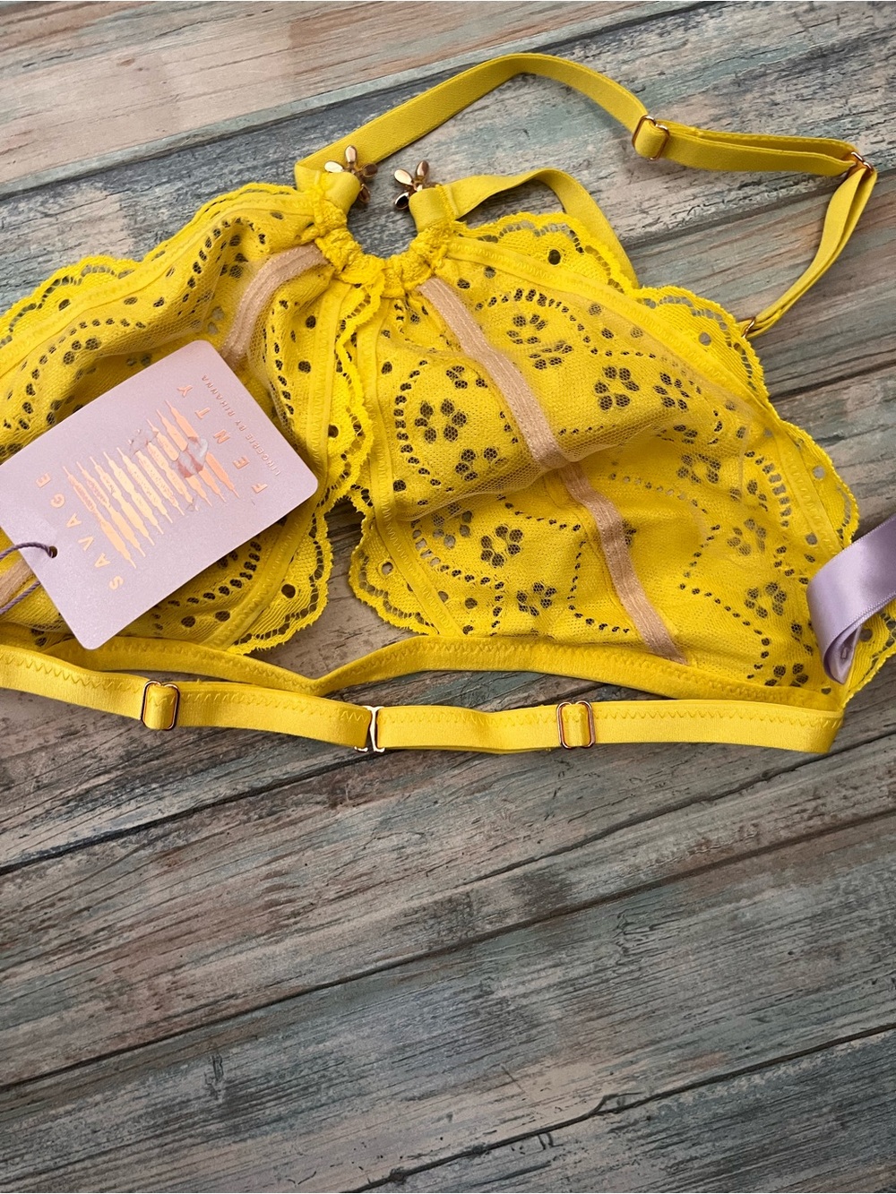 NWT Savage X Fenty Bombshell Broderie Lace Halter Bralette Yellow Small - Picture 4 of 5
